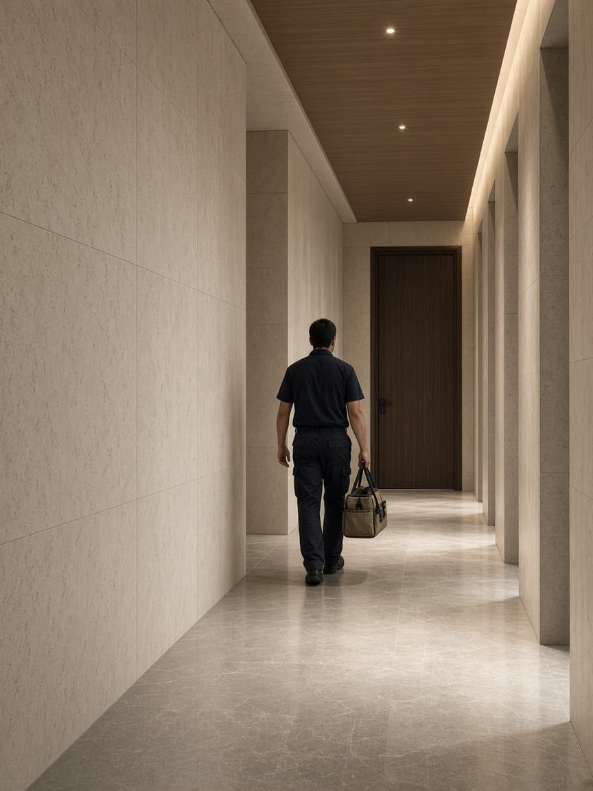 A technician walking toward an apartment door.