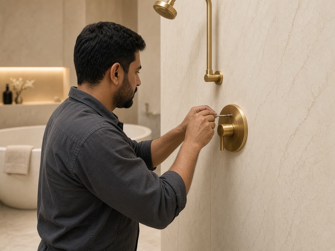 A technician adjusting a shower valve.