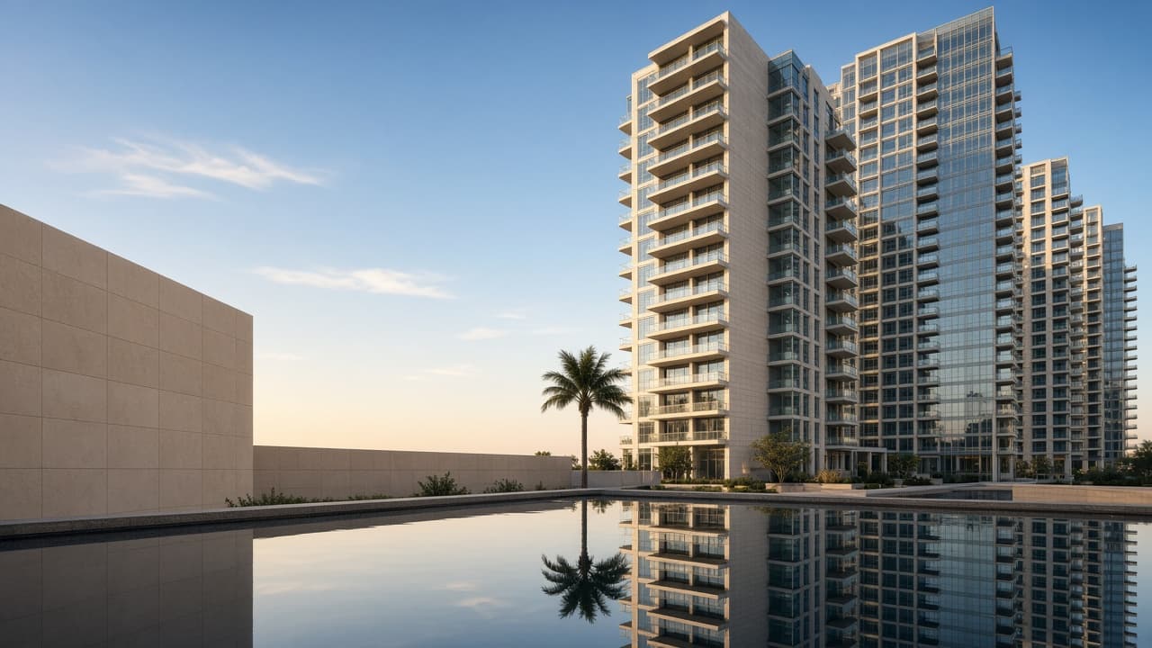 Residential towers beside a reflecting pool.