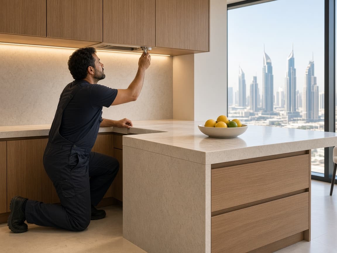 A technician working at the kitchen cabinets.
